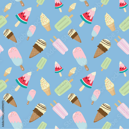ice cream cone and ice cream bar seamless pattern on blue background. ice cream line illustration background. creative pastels concept