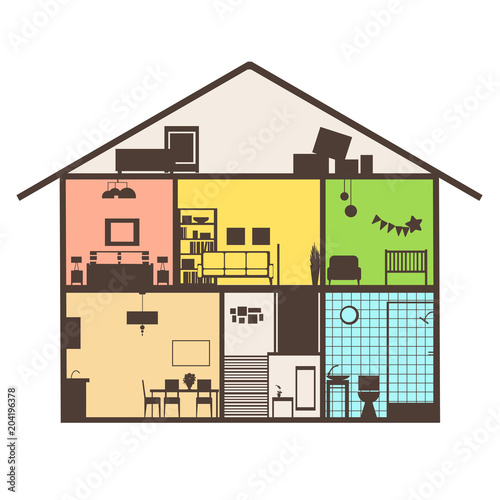 House in cut. Modern house interior.Vector illustration
