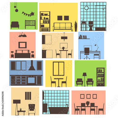 Interiors of different rooms. Vector illustration