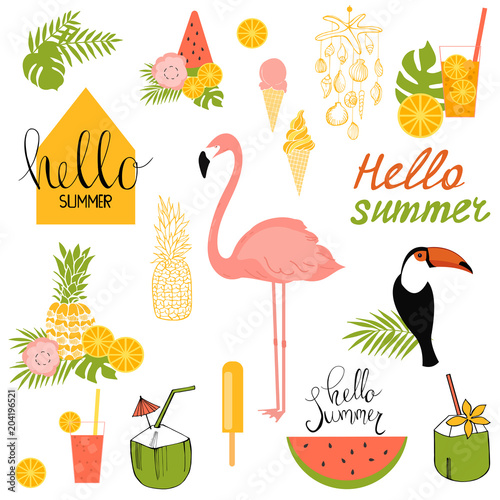 Summer set with flamingo toucan and   tropical plants. Vector illustration