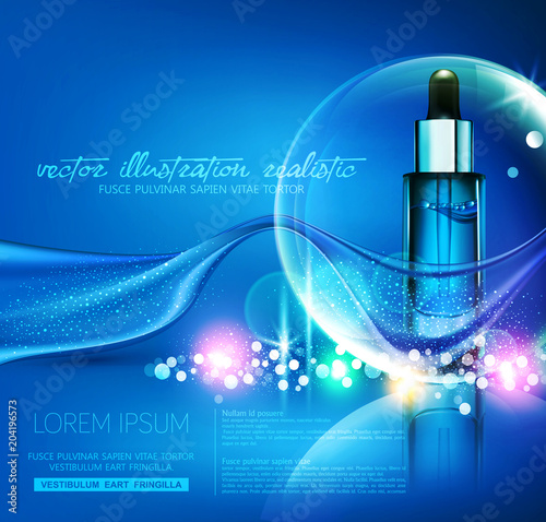 Blue illustration. Vector glass vial with professional facial serum on  the background of waves and bubbles. Template cosmetic products with oil Q10. 