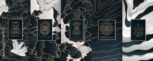 Collection of design elements,labels,icon,frames, for packaging,design of luxury products.for perfume,soap,wine, lotion.Made with golden foil.Isolated on geometric background.vector illustration