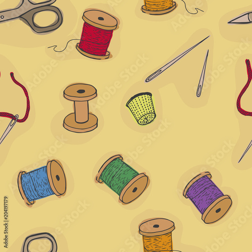Sewing accessories. Threads, thimble scissors, needles. Items for embroidery vector illustration. Seamless pattern background