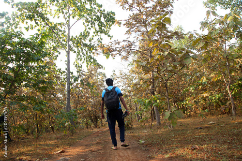 Asian men travel photograph nature. Travel relax. Walk on the path. Nature Study in the Jungle.  © Rahul