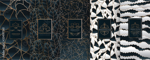 Collection of design elements,labels,icon,frames, for packaging,design of luxury products.for perfume,soap,wine, lotion.Made with golden foil.Isolated on geometric background.vector illustration