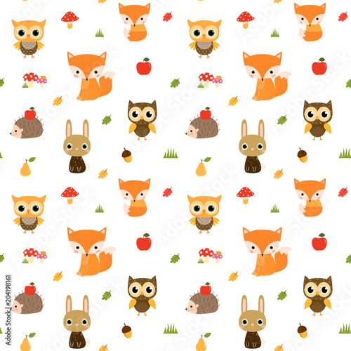 Vector seamless pattern with cute woodland animal characters - owl, fox hedgehog and bunny for children clothing and design