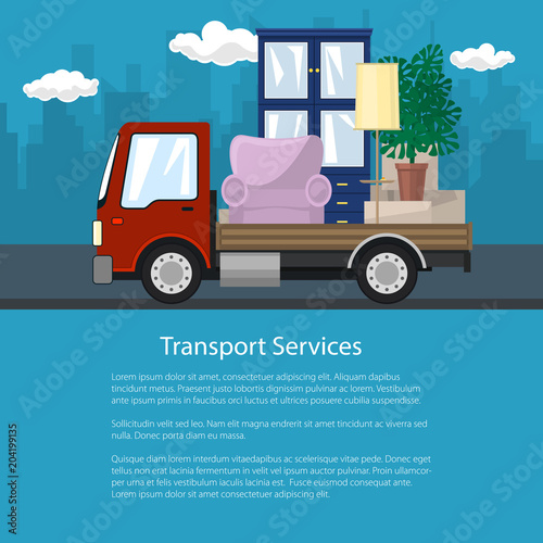 Flyer with Truck, Freight Car is Transporting Furniture on the Background of the City, Transport Services and Logistics, Shipping and Freight of Goods, Poster Brochure Design, Vector Illustration