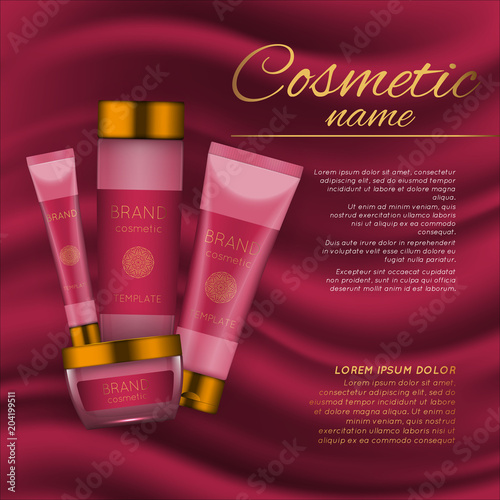 Vector 3D cosmetic illustration on a soft silk background. Beauty realistic cosmetic product design template.