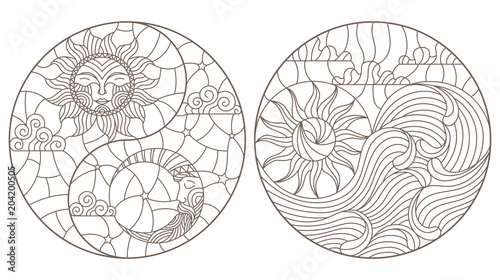 Set contour illustrations in stained glass abstract landscape in the form of a circle, the sun and the moon in the sky and the sun and the sea , a round image on white background