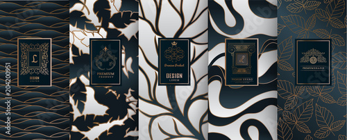 Collection of design elements,labels,icon,frames, for packaging,design of luxury products.for perfume,soap,wine, lotion.Made with golden foil.Isolated on geometric background.vector illustration