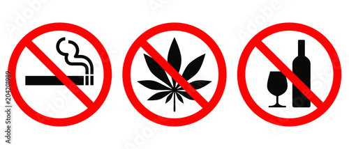 Set of prohibiting signs isolated on white background. Symbols: do not smoke, no alcohol, no drugs. Icons vector illustration