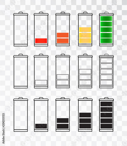 Battery Indicator Icon Set isolated isolated on a transparent background. Battery icon set .Set of battery charge level indicators. Vector icon.
