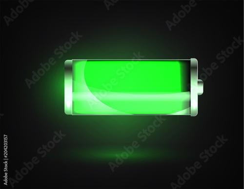 Charged battery. Full charge battery. Battery charging status indicator. Glass realistic power green battery illustration on black background. Full charge total discharge. Charge status. Vector.