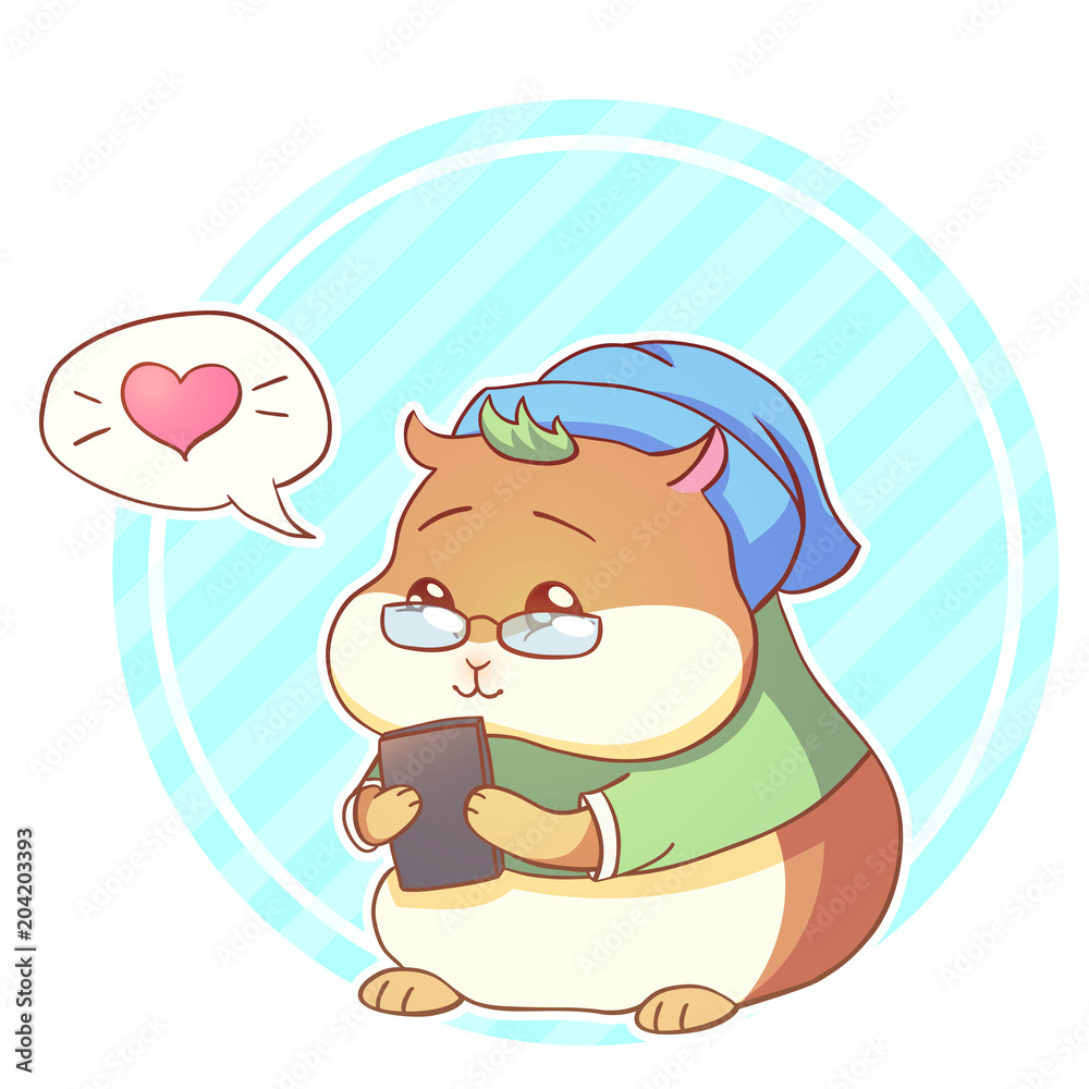 Cartoon cute funny hipster hamster with phone love message illustration  Vector Stock Vector | Adobe Stock