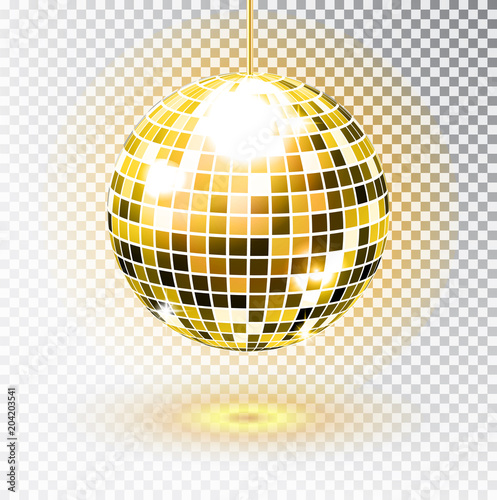 Golden disco ball. Vector illustration. Isolated. Night Club party light element. Bright mirror silver ball design for disco dance club. Vector