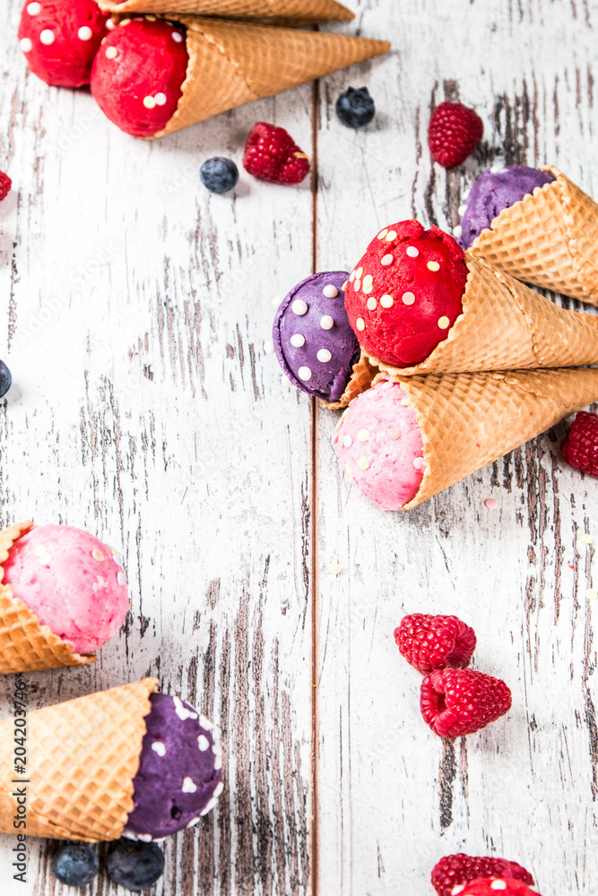 Ice cream, Berries ice cream scoop on wooden table. Ice cream, Berries ice cream scoop on wooden table.