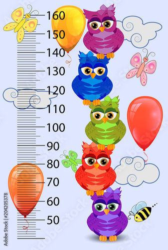 Kids height meter with cute owls. Funny stadiometer from 50 to 160 centimeter.