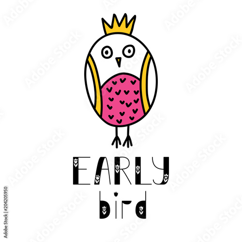 Early bird lettering and owl doodle illustration