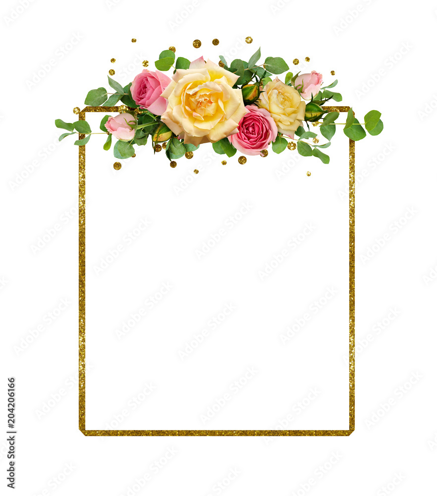 Naklejka premium Yellow and pink rose flowers with eucalyptus leaves and golden glitter frame