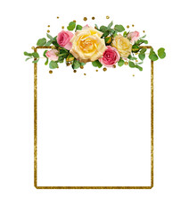 Yellow and pink rose flowers with eucalyptus leaves and golden glitter frame
