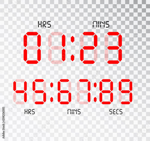 Digital clock. Calculator digital numbers. Alarm clock letters. Numbers set for a digital watch and other electronic devices. Vector 10 EPS