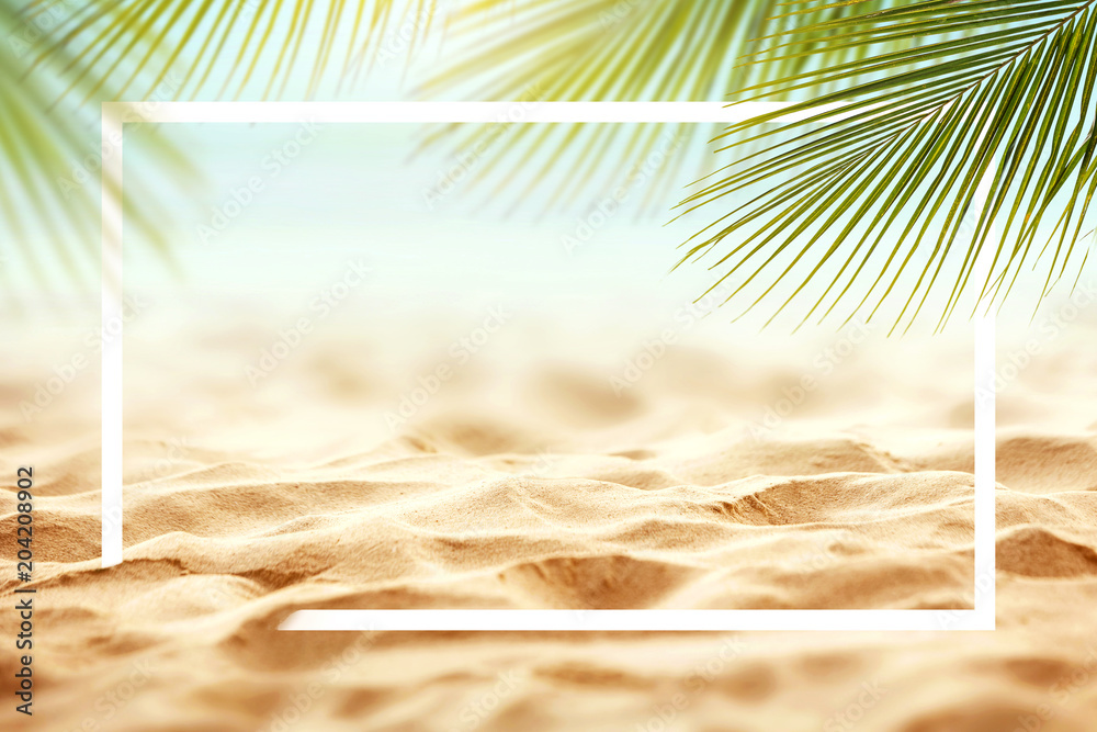 Sand with Palm and tropical beach and sea background with frame design for creative advertising Summer vacation and travel concept. Copy space - obrazy, fototapety, plakaty 