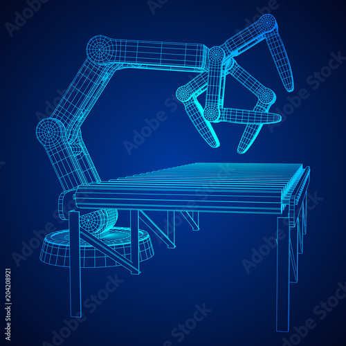Robotic arm manufacture technology industry assembly mechanic hand and regular empty roller conveyor section wireframe low poly mesh vector illustration