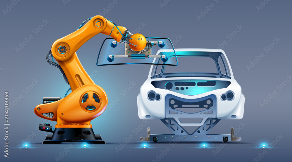 robot arm work on car factory or manufacturing line. Robotic hand attaches  windshield or glass on car body. Industrial automation production automobile.  Stock Vector | Adobe Stock