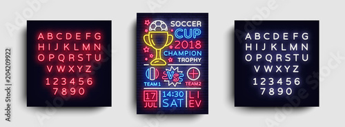 Soccer Tournament flyer vector. European Football Championship poster, neon sign, design template for brochure for soccer, soccer cup, light neon football advertisement. Vector. Editing neon sign