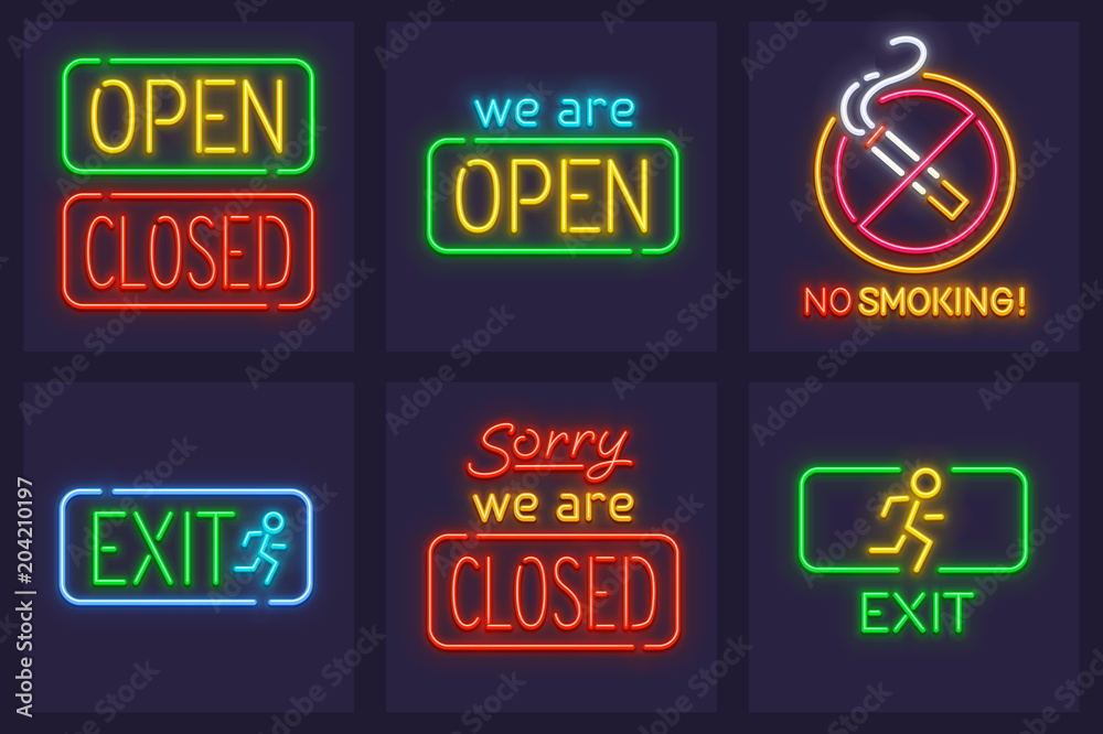 Set of neon service signs for nighttime institutions. Open