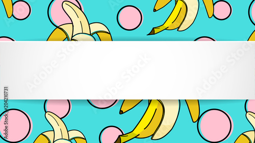 Banana background with pop art dots in 80s, 90s style. Summer tropical banner with 3d paper plate. Fruit ribbon with banana background for season sale, special offer, flyer and ad. Trendy template.