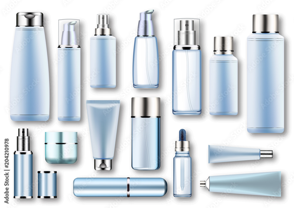 Set vector blank templates of empty blue silver plastic,glass realistic containers:bottles with spray,dispenser and dropper,cream jar,tube.3d mock-up of cosmetic package.Photorealistic illustration. Set vector blank templates of empty blue silver plastic,glass realistic containers:bottles with spray,dispenser and dropper,cream jar,tube.3d mock-up of cosmetic package.Photorealistic illustration.
