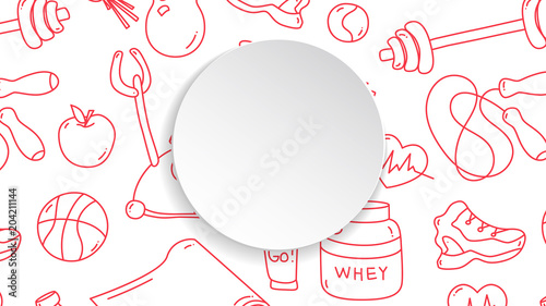 Fitness banner with hand drawn gym pattern and 3d paper plate. Doodle icons for healthy workout and exercise. Sport lifestyle line art. Stylish fitness banner for sales, special offers, flyers and ad.