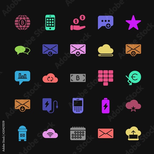 Modern Simple Colorful Set of money, cloud and networking, chat and messenger, mobile, email Vector fill Icons. Contains such Icons as  and more on dark background. Fully Editable. Pixel Perfect