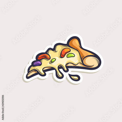 Vector sticker with cartoon pizza slice isolated on white. Hand drawn illustration with fast food object in comics style