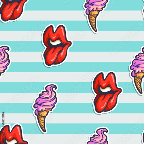 Vector seamless pattern with cartoon  ice cream and lips with tongue isolated on white. Hand drawn texture with mouth and food in comics style © mashikomo