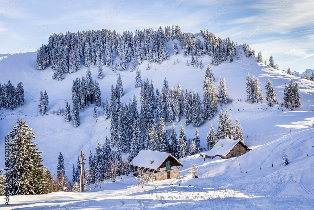 Houses in Mountain With Snow in Winter