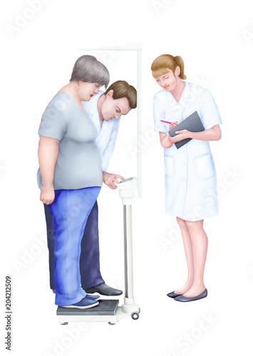Doctor and his assistent measure weight and height of an old patient