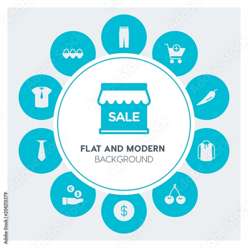 food, clothes, shopping Infographic Circle fill Icons Set. Contains such Icons as  business,  website,  elements,  background,  pattern,  banner,  slider,  xmas and more. Fully Editable. Pixel Perfect