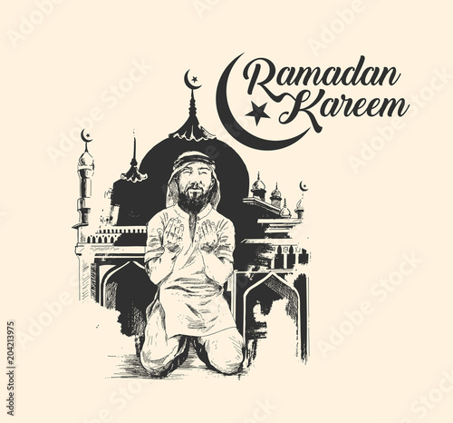 Muslim man praying ( Namaz, Islamic Prayer ) with Mosque - Hand Drawn Sketch, Vector Background.