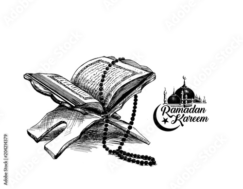 The holy book of the Koran on the stand with calligraphy stylish lettering Ramadan Kareem text  , Hand Drawn Sketch Vector illustration.