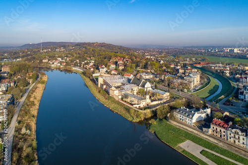 Krakow, Poland. Slawator district with Norbertine nunnery, church, Vistula and Rudawa rivers and far view of Kosciuszko Mound. Aerial photo