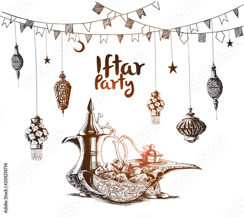 Alladin lamp with Eid Mubarak celebration- calligraphy stylish lettering Ramadan Kareem text. Vector illustration.