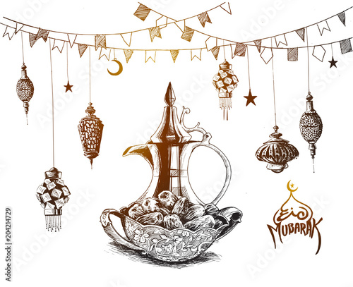 Ramadan Kareem Iftar party celebration, Hand Drawn Sketch Vector illustration.