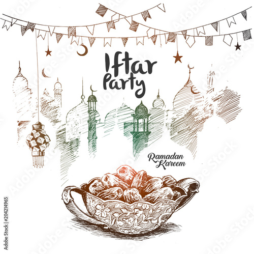 Ramadan Kareem Iftar party celebration, Hand Drawn Sketch Vector illustration.