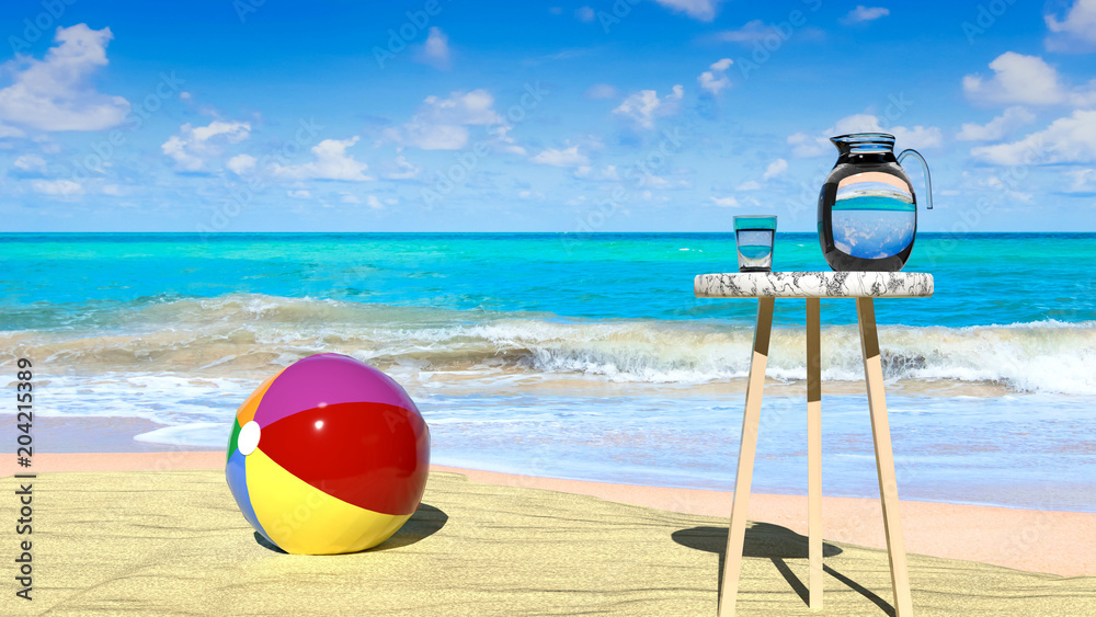 Tropical paradise, serenity, perfect summer holidays - sunny day, turquoise ocean water, blue sky, small marble table with a jar of water on a sandy beach and a colorful beach ball.