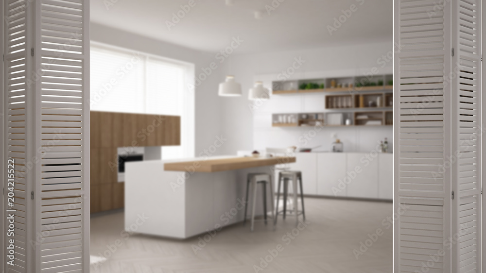 White folding door opening on modern minimalist kitchen with island, white interior design, architect designer concept, blur background
