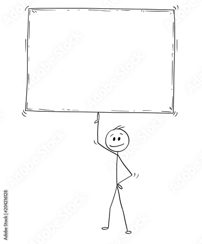 Cartoon stick man drawing conceptual illustration of businessman holding and balancing big empty or blank sign on one finger. Business concept of easiness or ease.