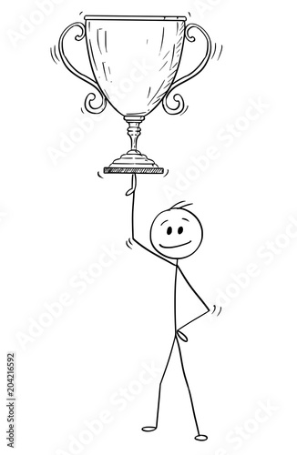 Cartoon stick man drawing conceptual illustration of businessman balancing winner trophy cup on one finger. Business concept of success.