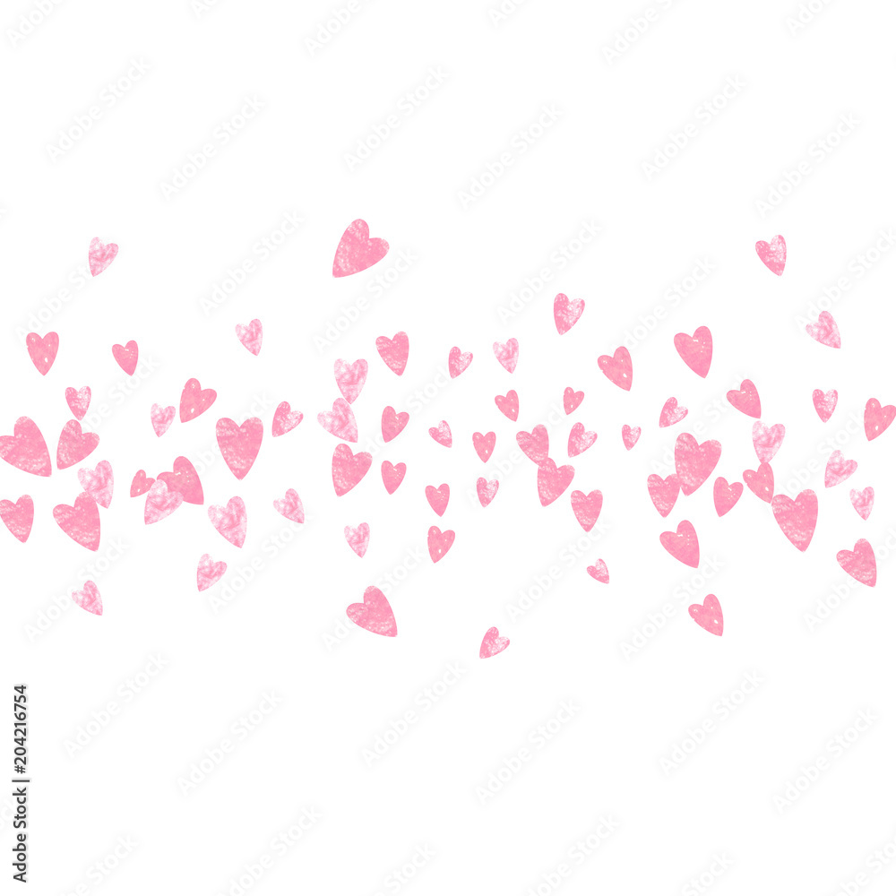 Pink glitter confetti with hearts on isolated backdrop. Falling sequins with shimmer and sparkles. Design with pink glitter confetti for party invitation, event banner, flyer, birthday card.